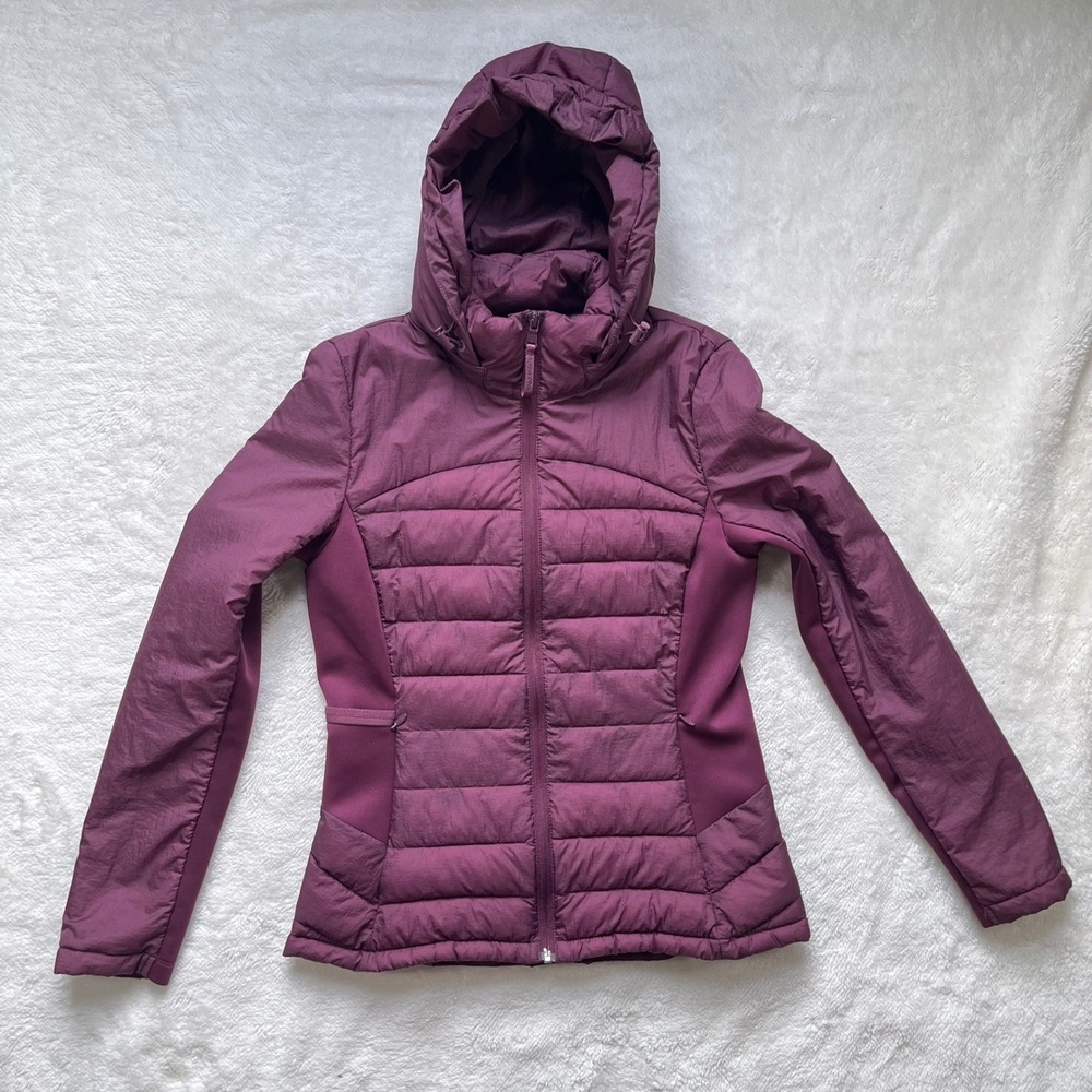 Calvin Klein Puffer Jacket Women Plum Stretch Panels Hooded Size S